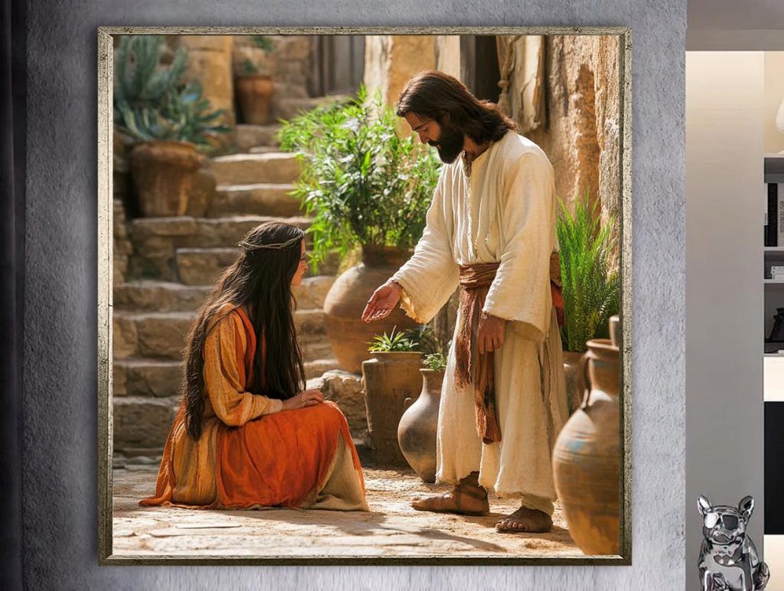 Jesus Extending His Hand to Kneeling Woman in Ancient Courtyard Poster