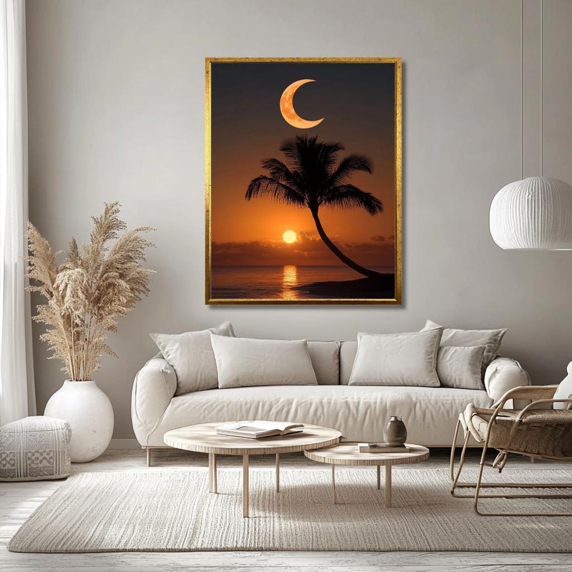 Tropical Sunset With Crescent Moon Palm Beach Silhouette Poster - Image 3