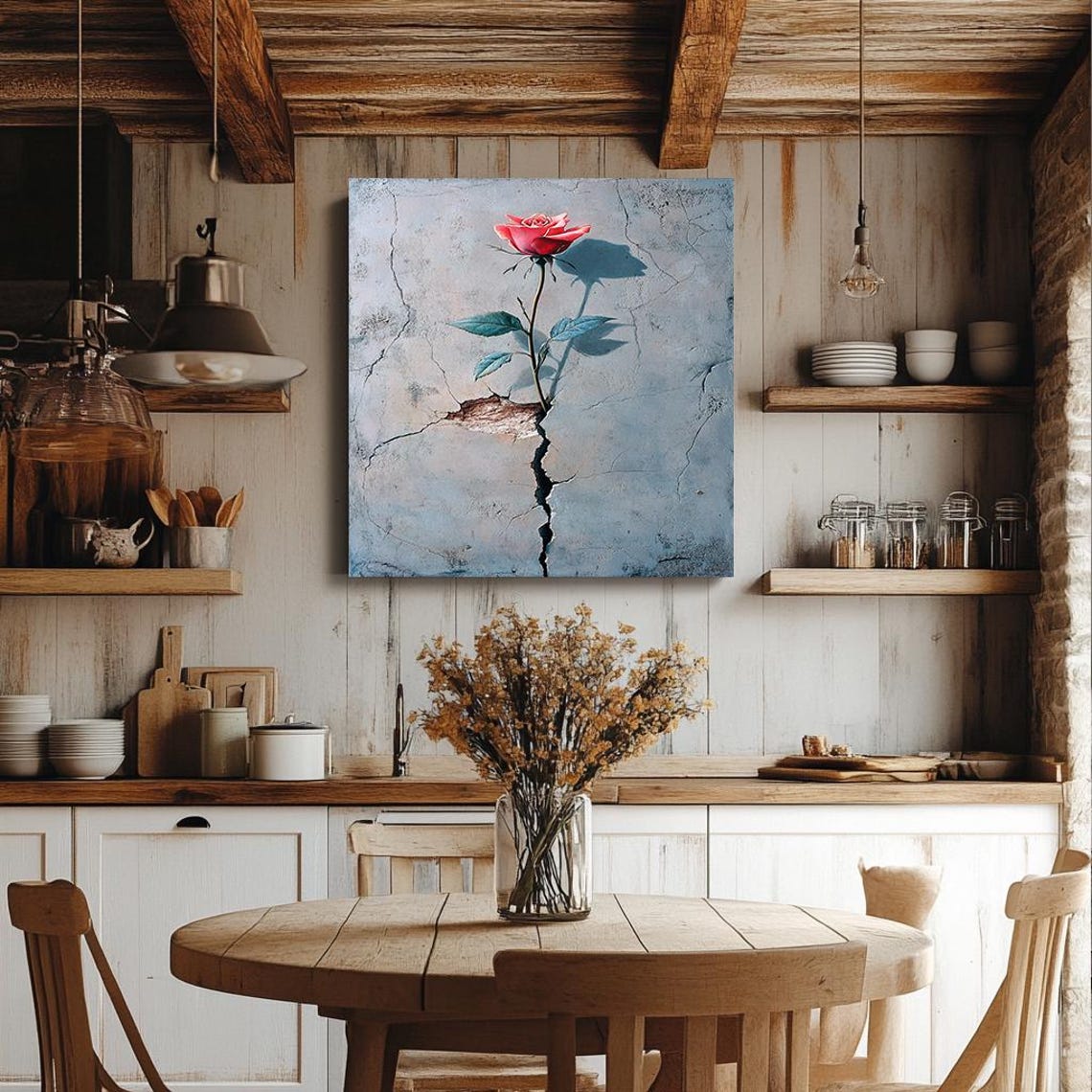 Red Rose Rising from Cracked Blue Wall Symbolic Floral Print - Image 3