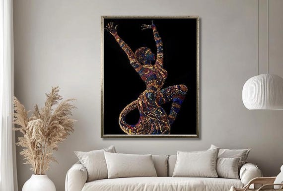 Colorful Ballerina Wall Art Vibrant Beaded Dancer Silhouette On Black Background Elegant And Artistic Decor For Living Room