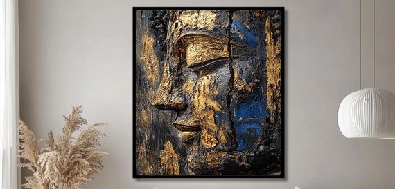 Golden Buddha Face Textured Blue Gold Abstract Zen Art Poster