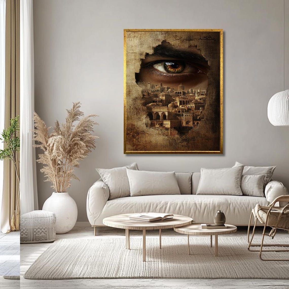 Giant Watching Eye Over Ancient Desert City Sepia Surreal Art Print - Image 3