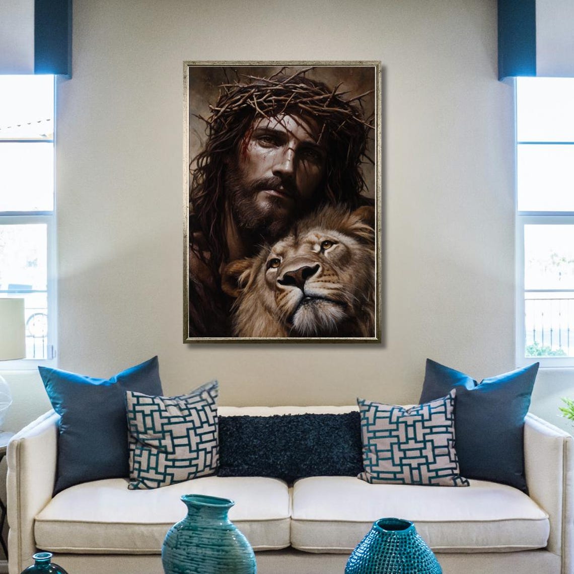 Crowned Jesus with Lion Dramatic Portrait Christian Faith Art Poster - Image 3