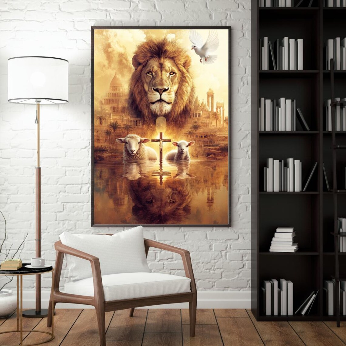 Lion of Judah with Two Lambs Cross and Dove Golden Light Art Poster - Image 3