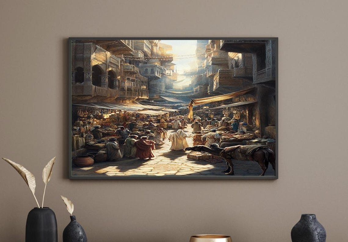 Crowded Middle Eastern Bazaar Market Street In Sunlight Poster