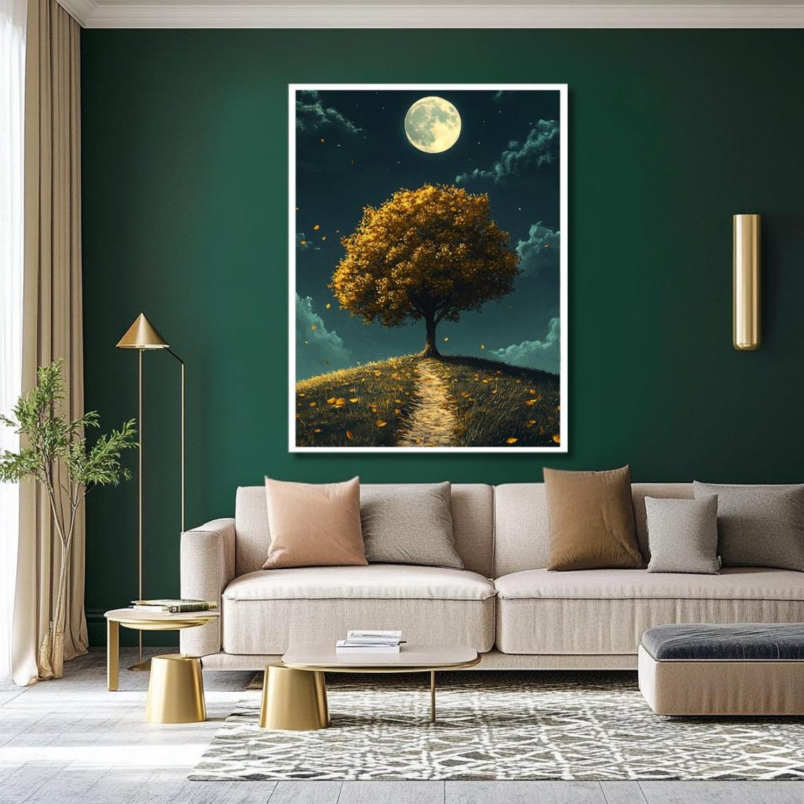 Magical Moonlit Lone Tree Under Full Moon Autumn Night Poster - Image 2