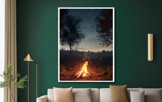 Cozy Campfire Under Starlit Sky Wall Art Serene Evening Landscape With Glowing Fire And Sparkling Embers Nature Inspired Decor
