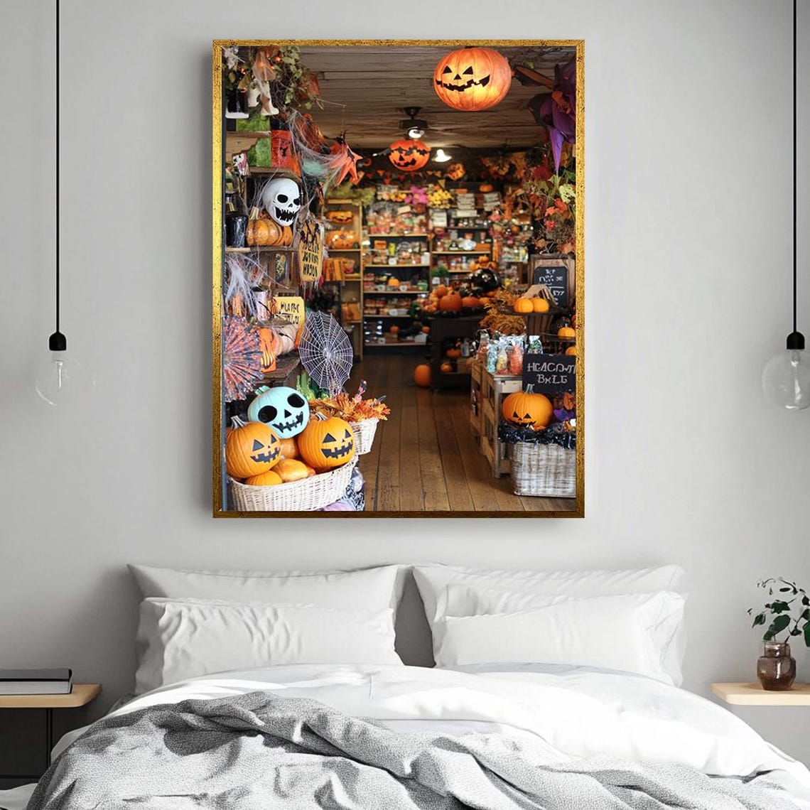 Festive Halloween Store Interior With Pumpkins Skulls And Decor Poster - Image 3