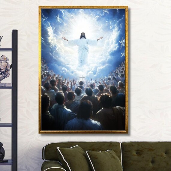 Jesus Ascension Poster: Rising Into Heaven Before a Worshiping Crowd