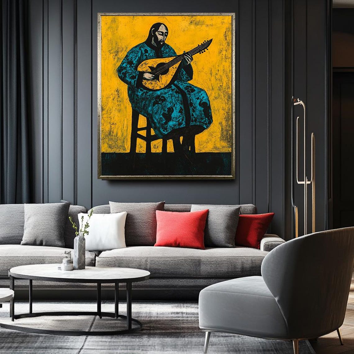 Oud Player in a Blue Robe on a Bold Yellow Modern Art Poster - Image 2