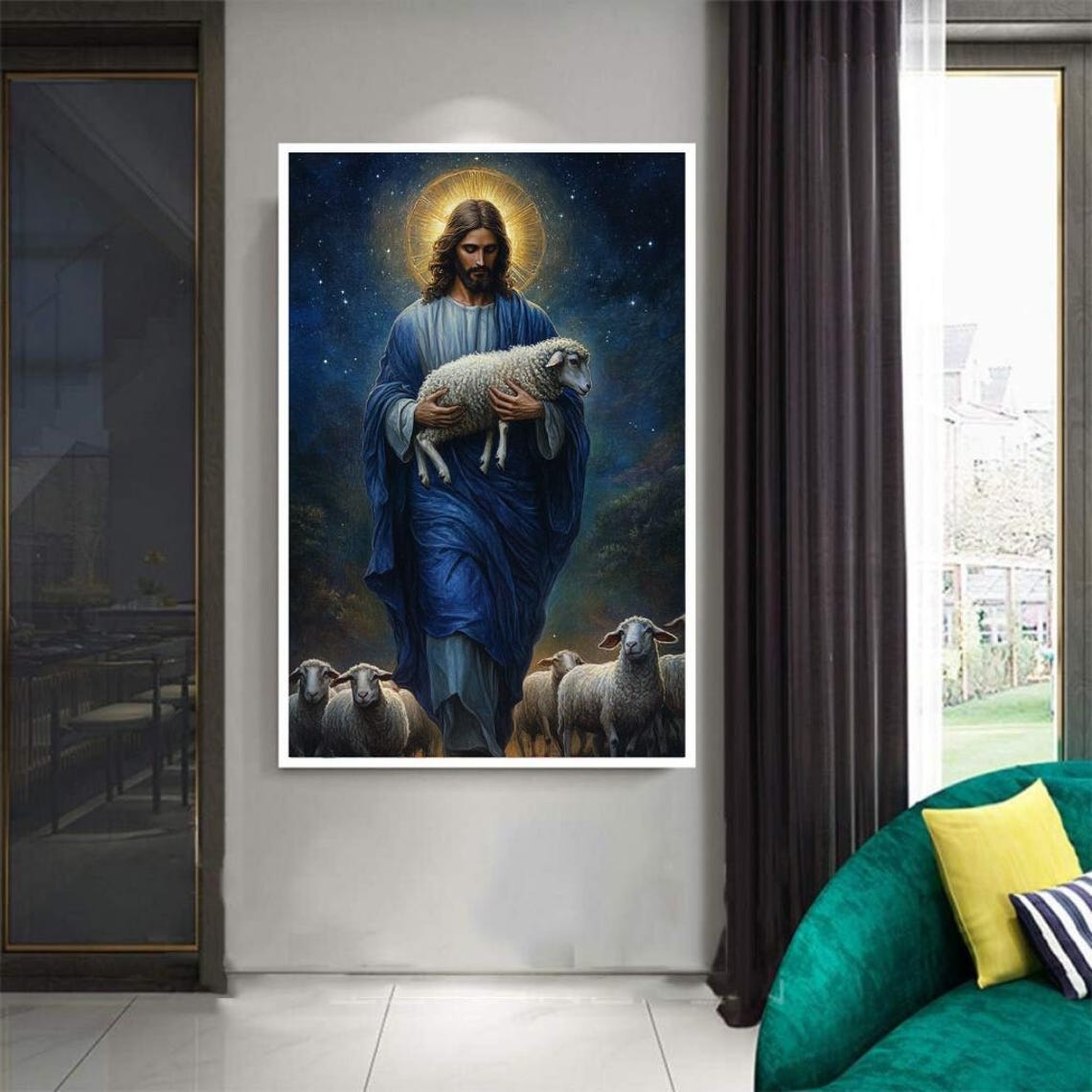 Jesus the Good Shepherd With Lamb Starry Night Sky Religious Poster - Image 3