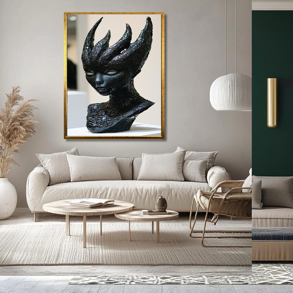 Dark Fantasy Horned Bust Black Textured Sculpture Wall Poster - Image 3