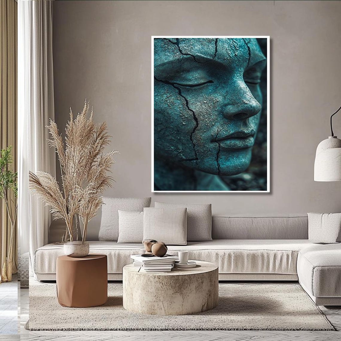 Cracked Teal Ancient Stone Face Sculpture Close Up Art Poster - Image 2