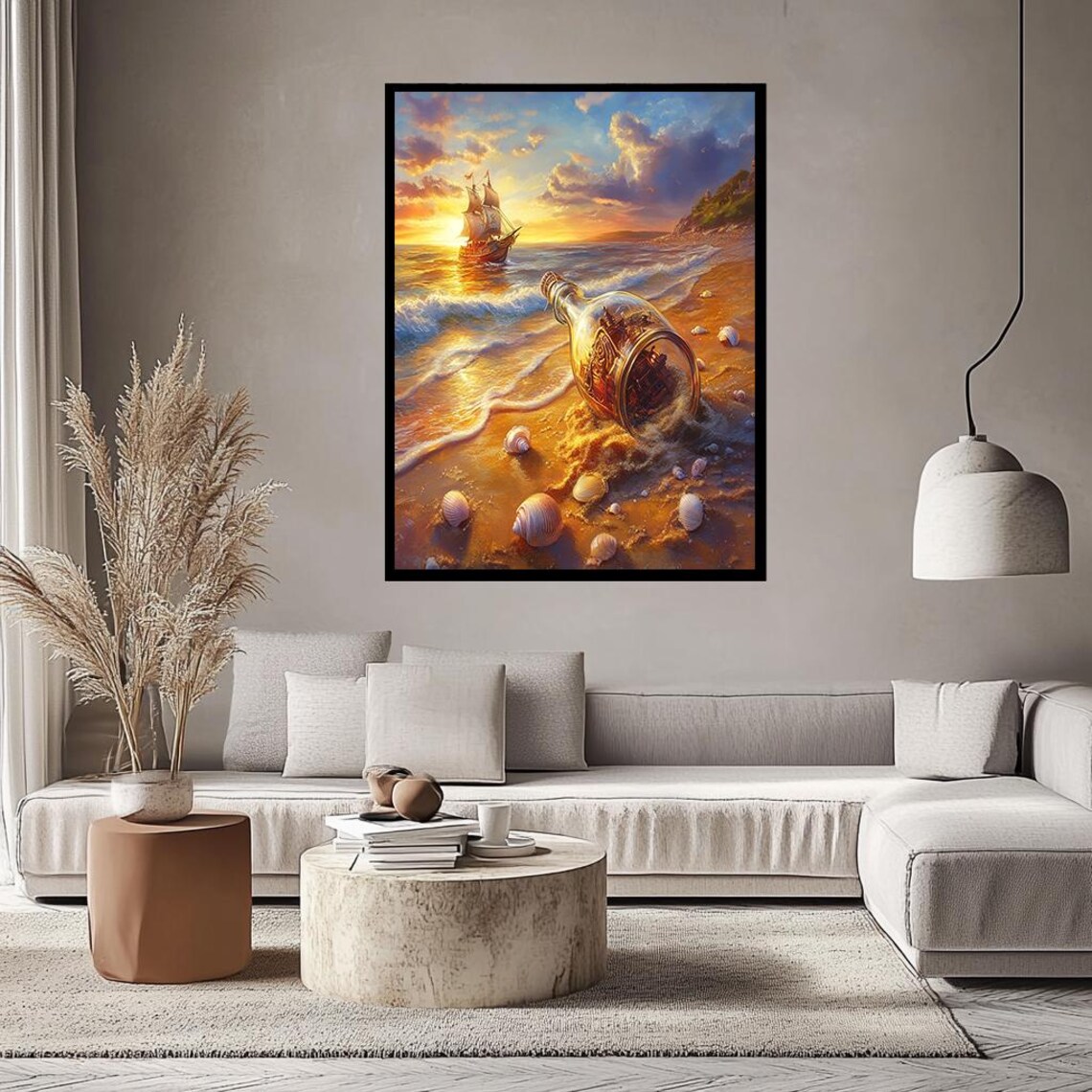 Ship in a Bottle Sunset Beach Seashells Nautical Scene Print - Image 3