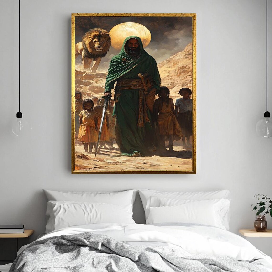 Hooded Warrior with Sword and Lion Guarding the Children Poster - Image 2