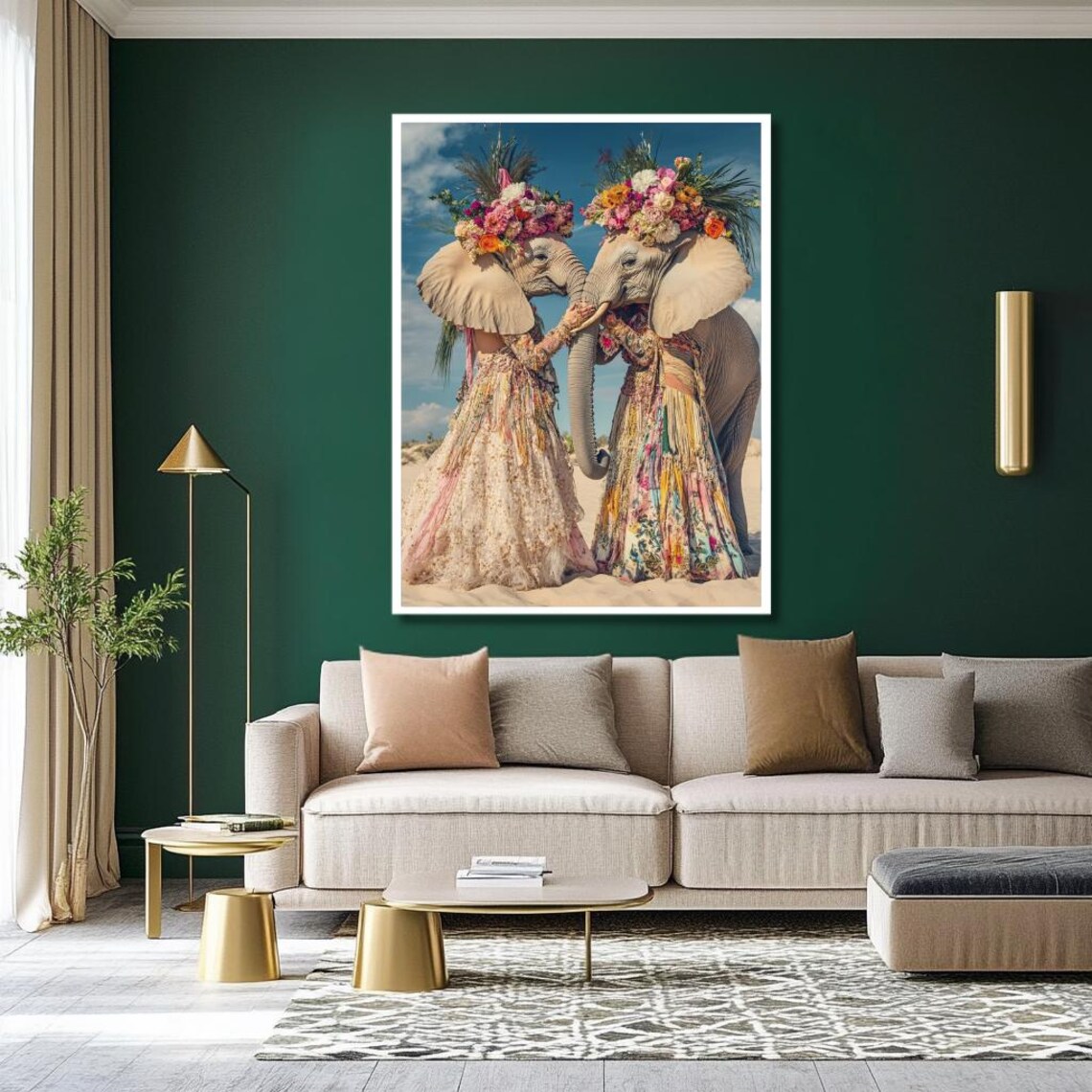 Two Whimsical Elephants In Floral Dresses With Flower Headdresses Poster - Image 2
