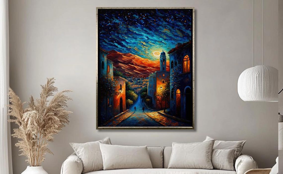 Starry Night Village Street Moonlit Impasto Painting Night Poster