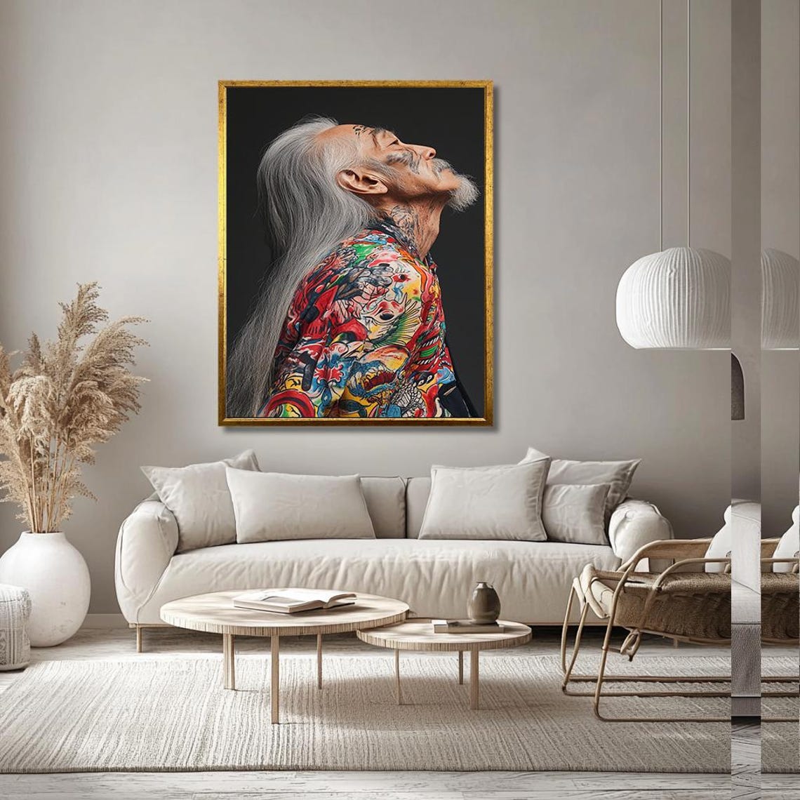 Tattooed Elderly Asian Man With Long White Hair Portrait Poster - Image 3