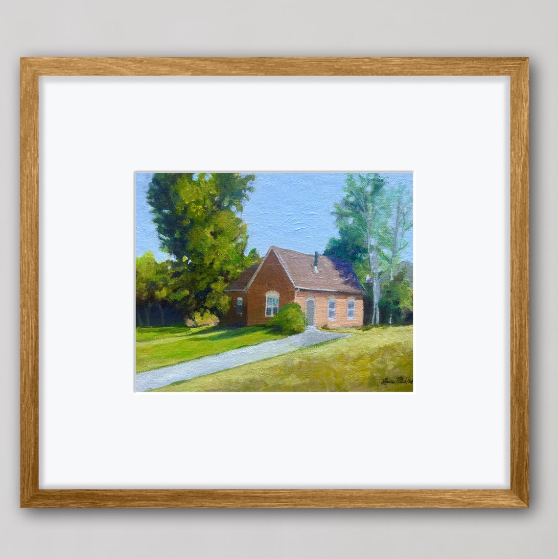 Sunny Red Brick Farmhouse With Green Lawn And Tall Shade Trees Poster