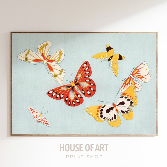 Japanese Butterfly Illustration Vintage Color Woodcut Print 6 Colorful Flying Butterflies Retro Gallery Wall Print Wall Art