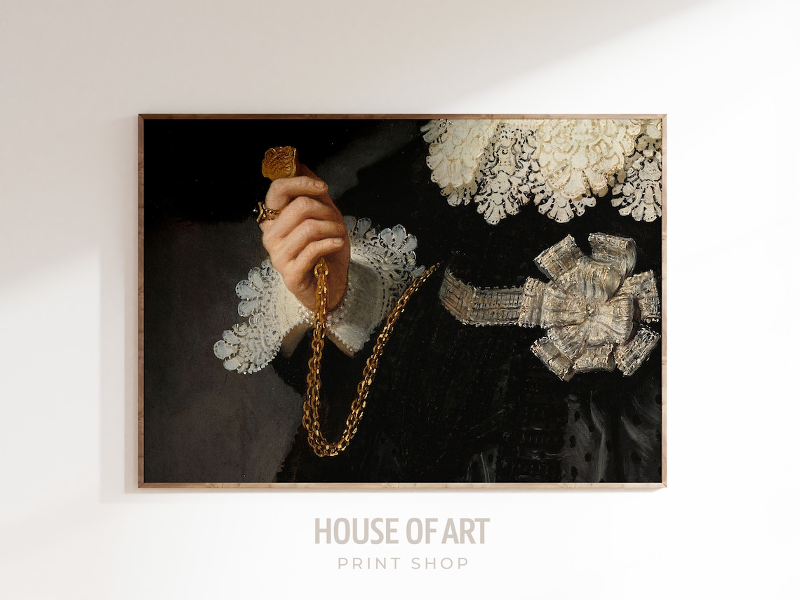 Antique Portrait Hand Gold Chain Lace Collar Dark Vintage Oil Painting Print