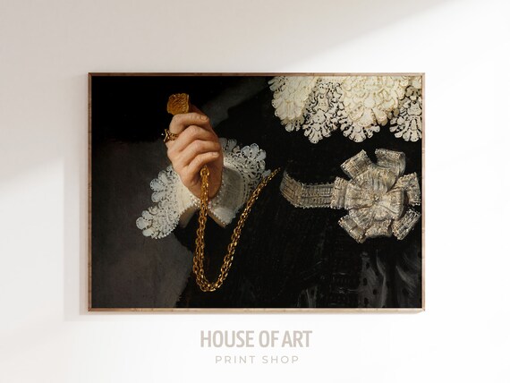 Antique Portrait Hand Gold Chain Lace Collar Dark Vintage Oil Painting Print