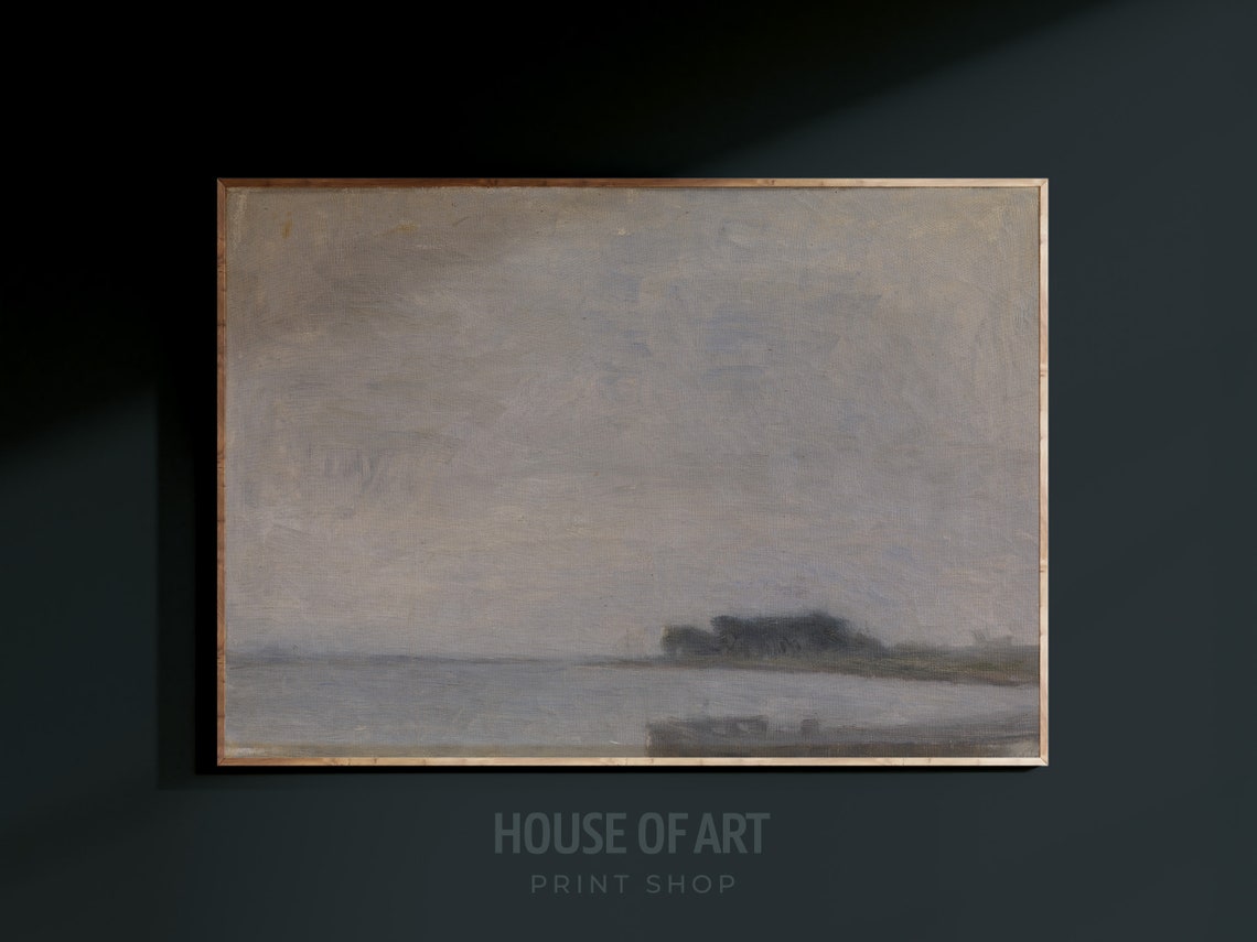 Minimal Gray Seascape Distant Shore Soft Cloudy Tonal Oil Poster - Image 3
