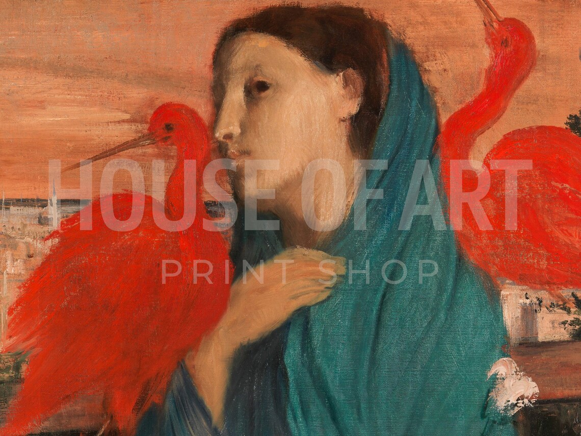 Young Woman With Two Red Birds Vintage Portrait Painting Art Poster - Image 2