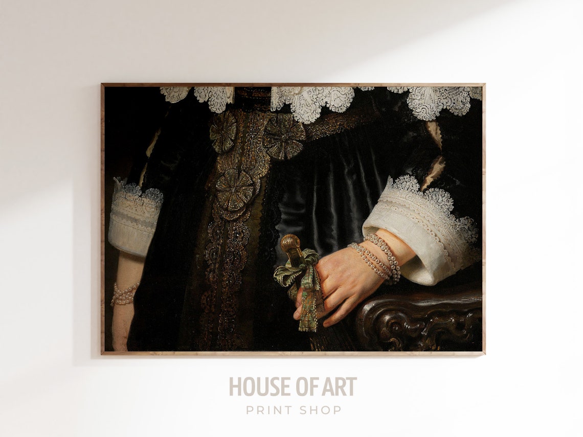 Antique Hands Detail Artwork Pearl Bracelet Rich Lace Instant Print Woman Fan With Ribbon Close Up Oil Painting