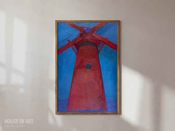 The Red Windmill Artwork Dutch Architecture Instant Print Saturated Colors Large Mill Oil Painting Blue Sky