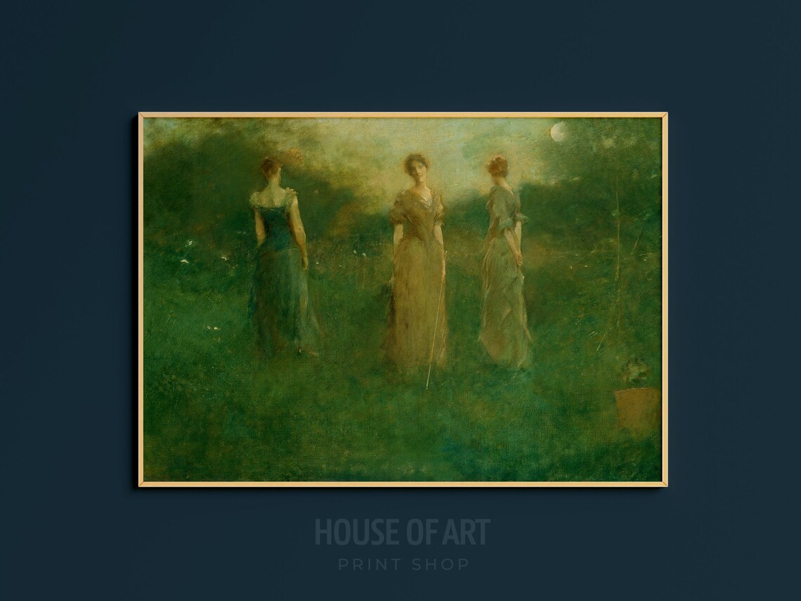 Three Women In Moonlit Green Field Tonalist Vintage Oil Painting Print - Image 3