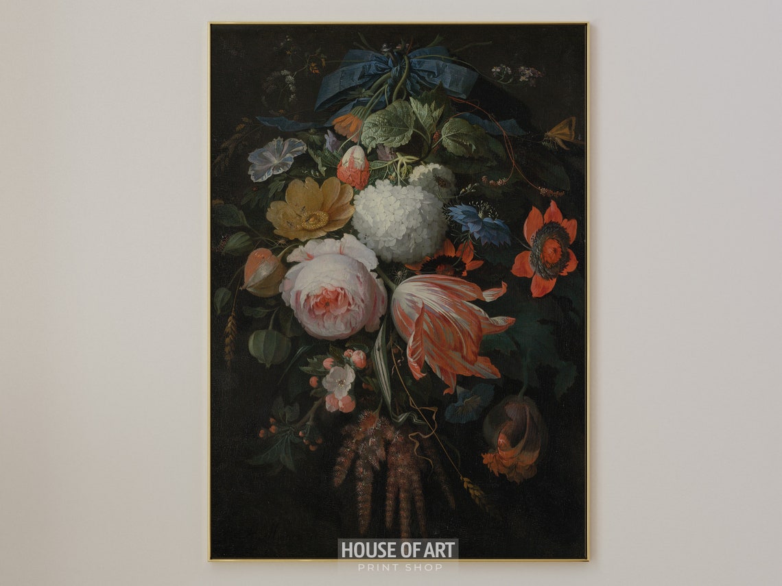 Antique Floral Piece Artwork Hanging Bouquet Of Flowers Fruits And Grains Instant Print Still Life Oil Painting - Image 3