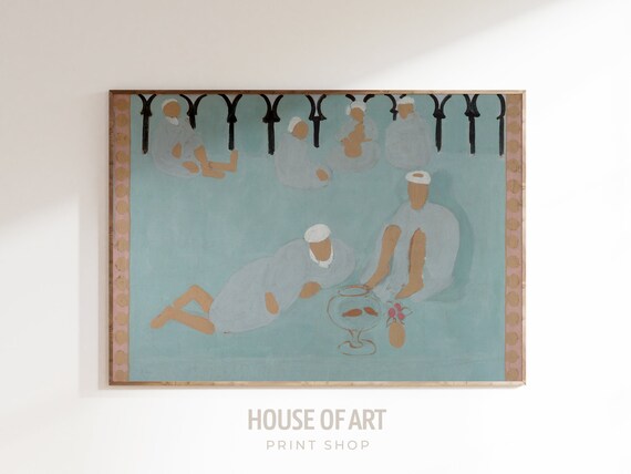 Arab Coffeehouse Scene Goldfish Wall Art Moroccan Coffee Shop Poster Soft Pastel Colors Islamic Wall Art Wall Art