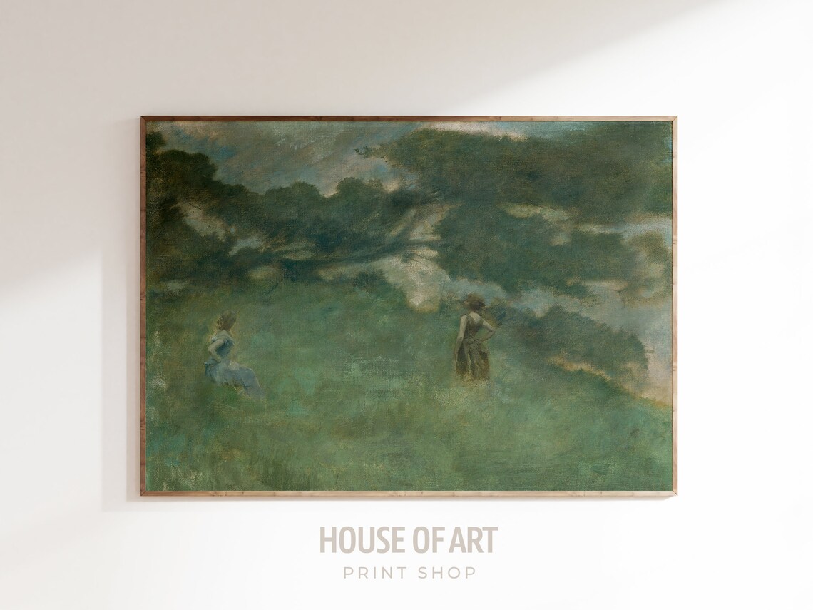 Two Women In Green Meadow Vintage Tonalist Oil Painting Art Print