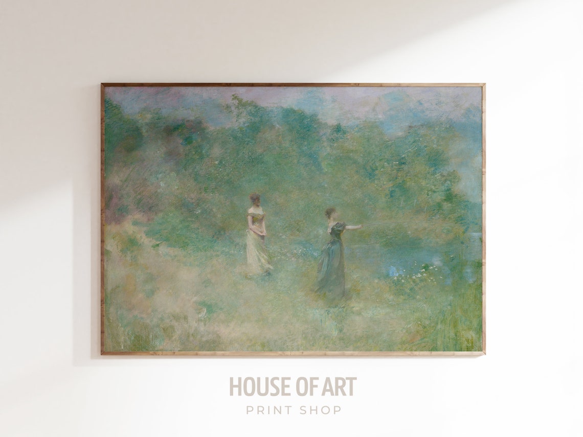 Two Women By Misty Lake Impressionist Oil Painting Dreamy Art Print - Image 3