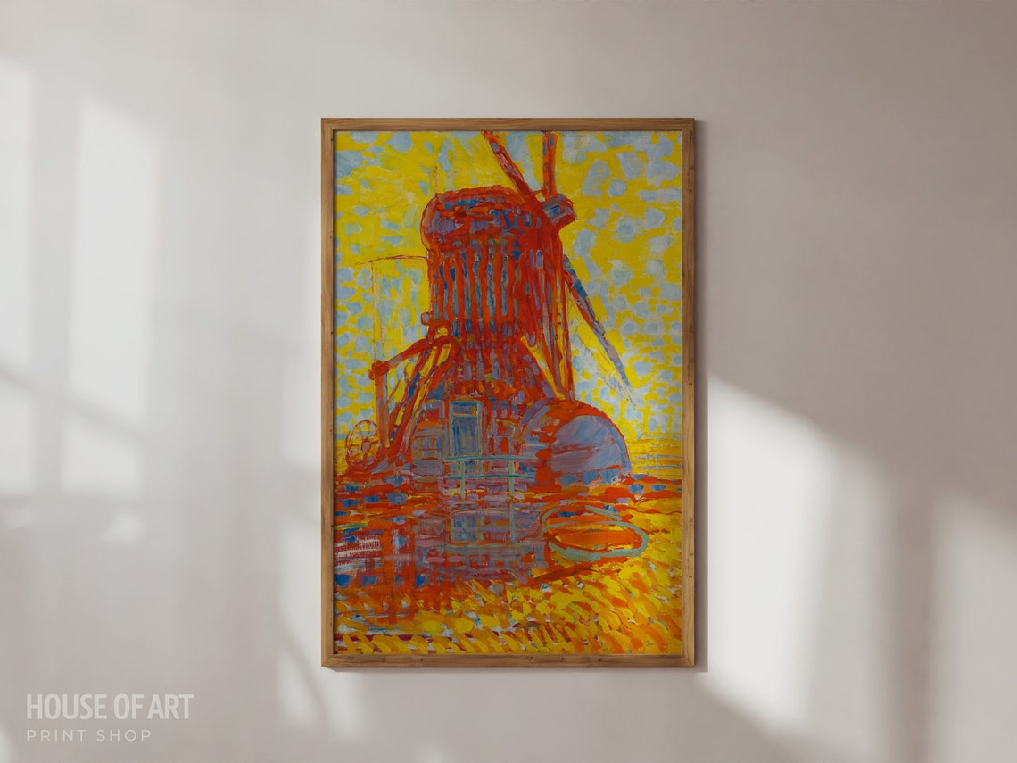 Windmill In Sunlight Vibrant Yellow Polder Landscape Dutch Art Poster