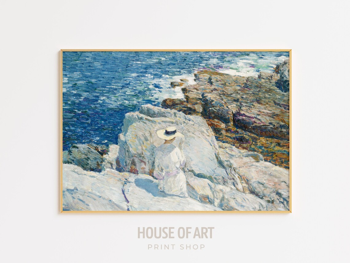 Woman in White on Rocky Coastline Impressionist Ocean Waves Vintage Art Print - Image 3