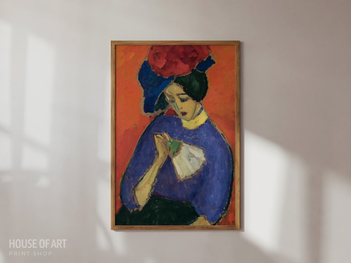 Portrait Of A Lady With Fan Art Expressionist Sitting Woman Instant Print Colorful Maximalist Girl Oil Painting
