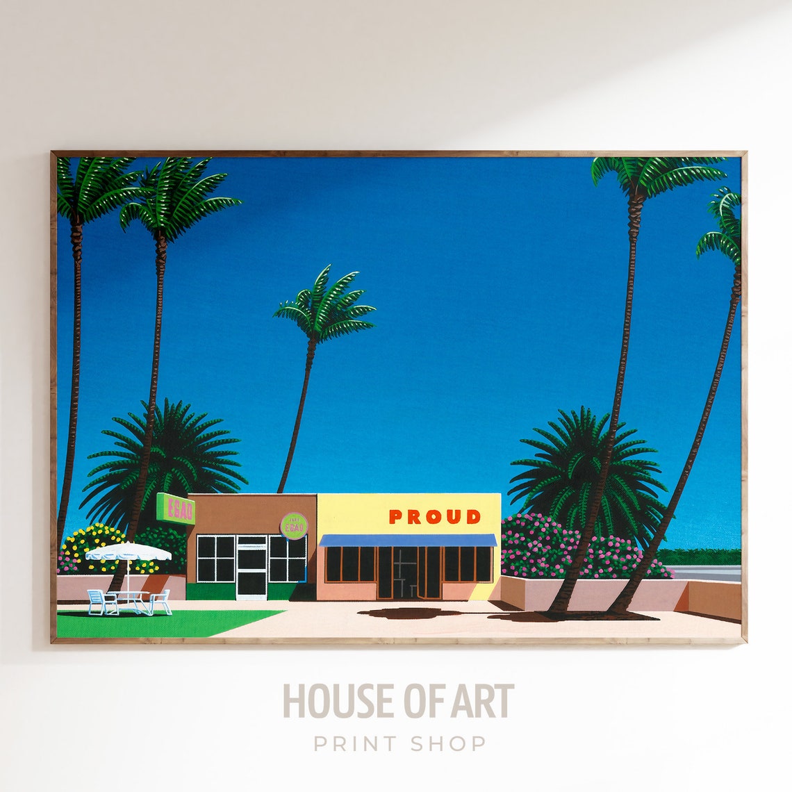 Retro City Pop Art Storefront Proud Palm Trees Blue Sky Wall Art