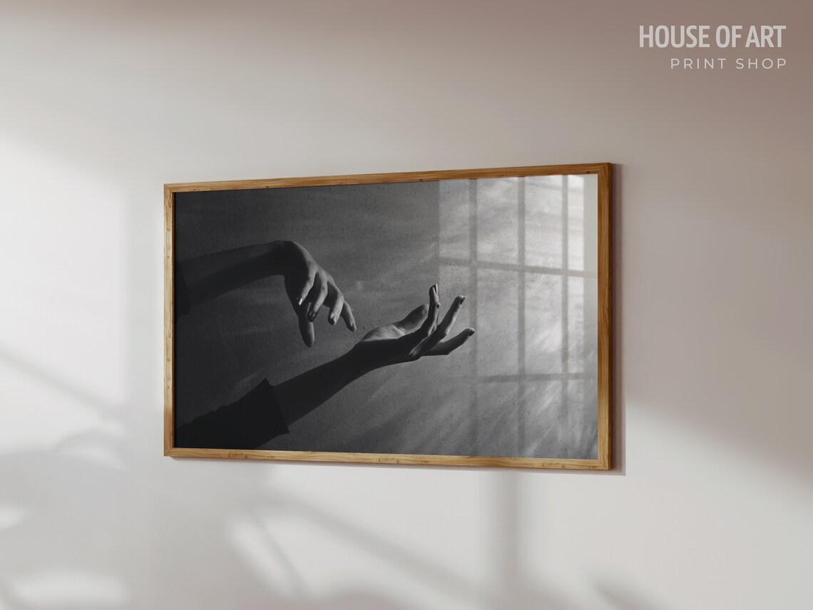 Black and White Hands Reaching Toward Light Shadow Minimal Photo Poster