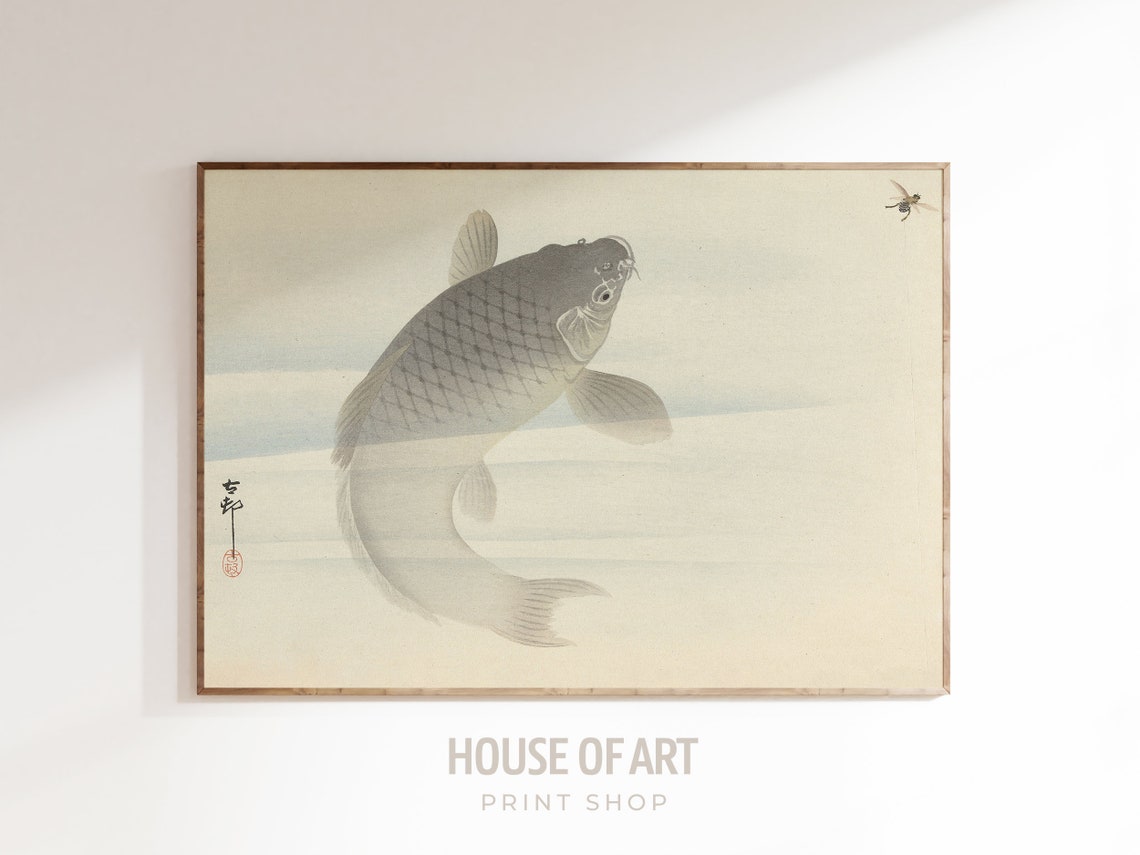 Japanese Woodcut Carp Fish And Fly Minimal Aquatic Nature Art Print