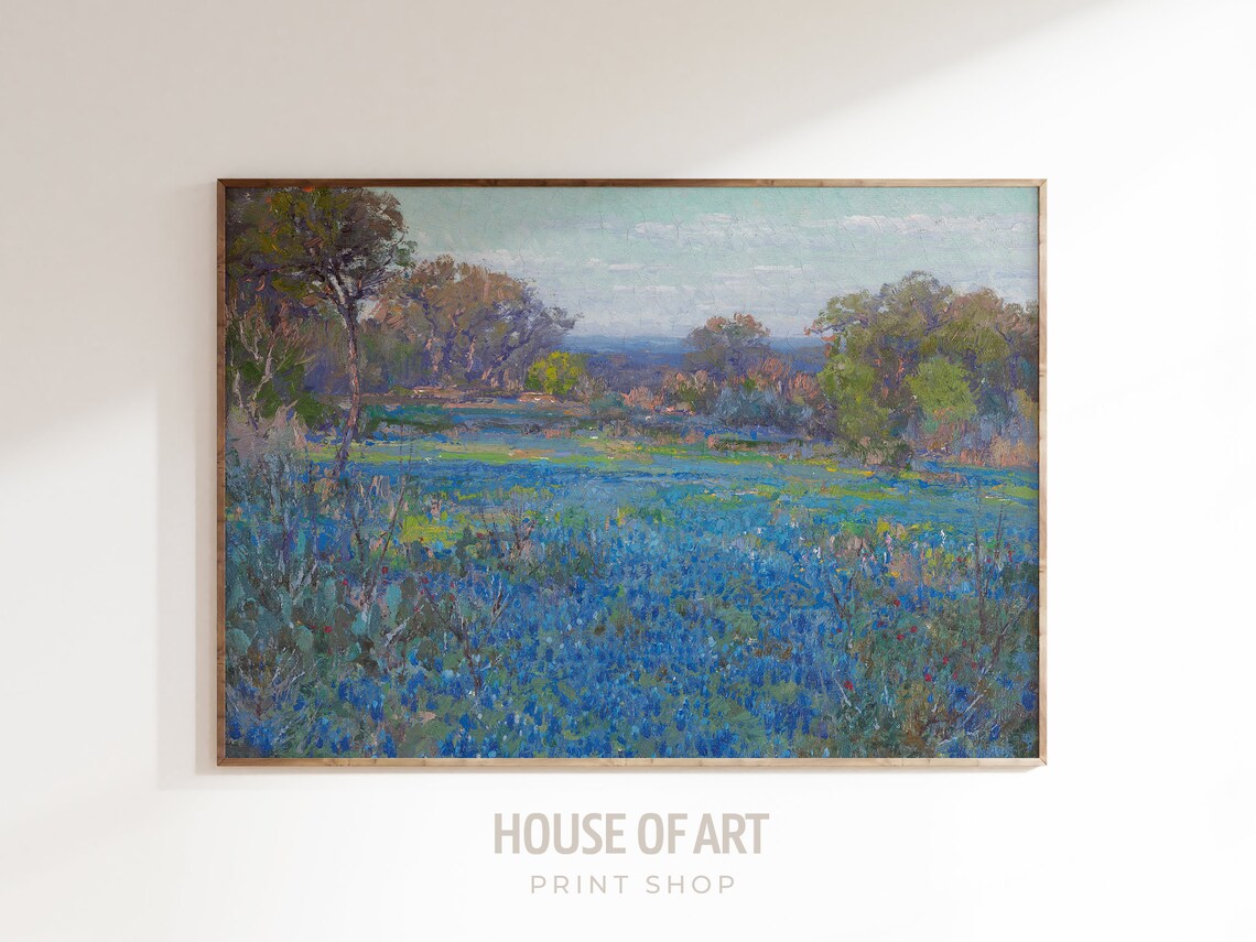 Bluebonnet Field Vintage Meadow Landscape Art Print
