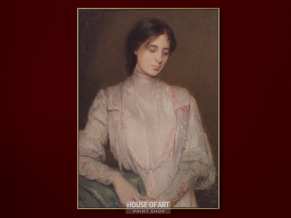 Vintage Portrait Young Woman Pale Pink Dress Soft Gaze Oil Painting Poster - Image 3