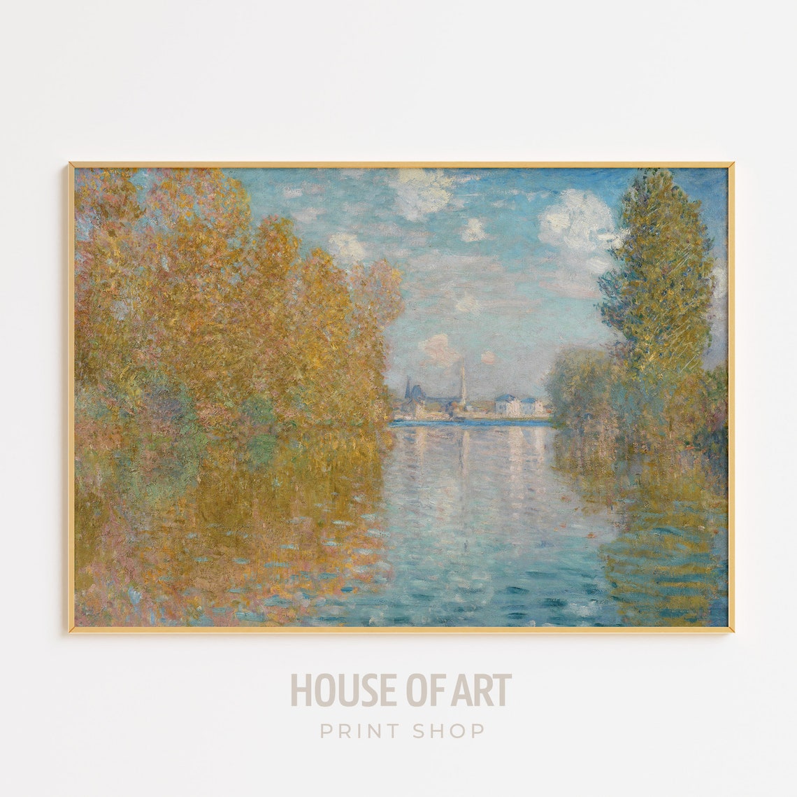 Impressionist Autumn River Golden Poplars Reflective Water Oil Poster