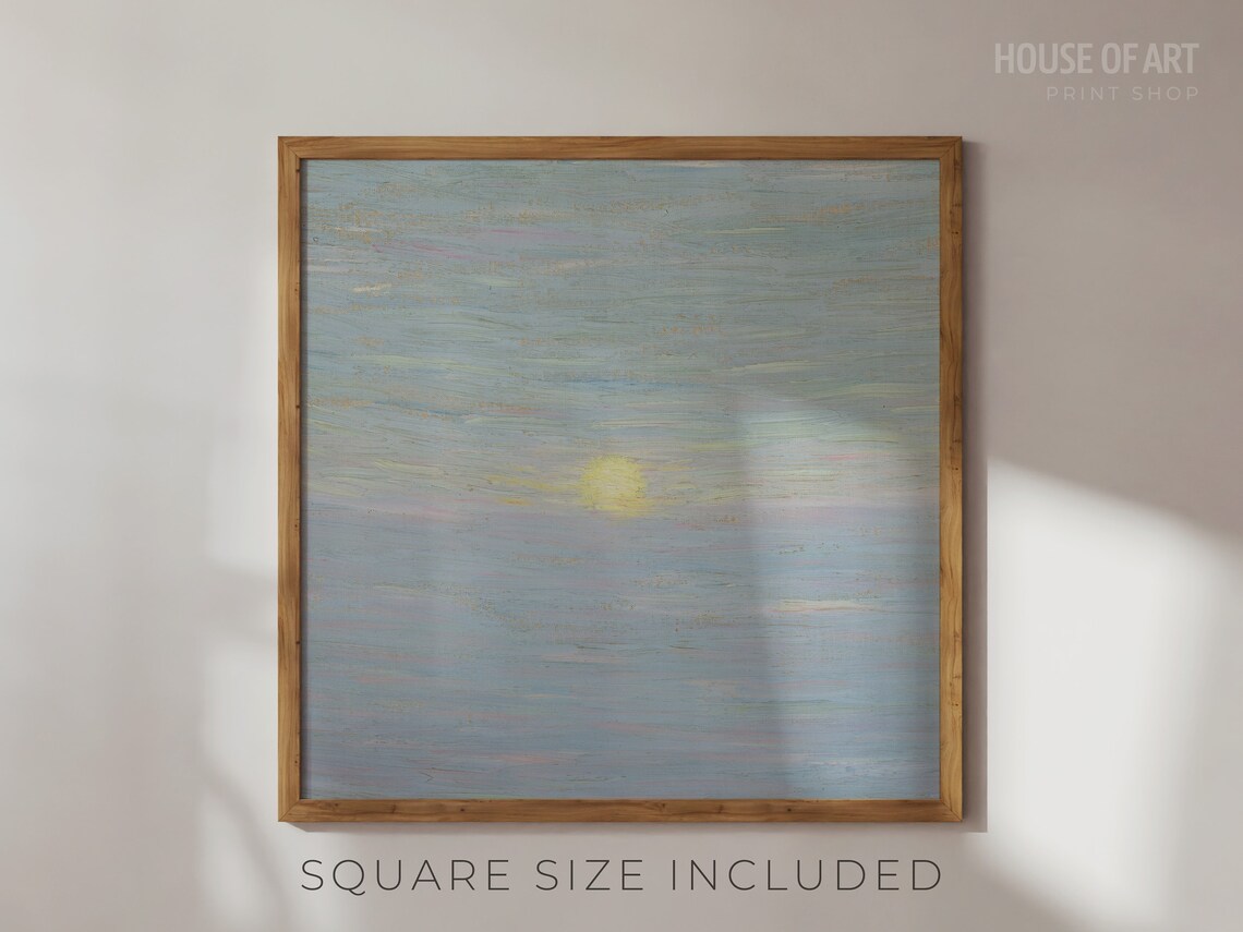 Full Moon Over Calm Blue Sea Pastel Moonlight Seascape Oil Painting Poster - Image 2