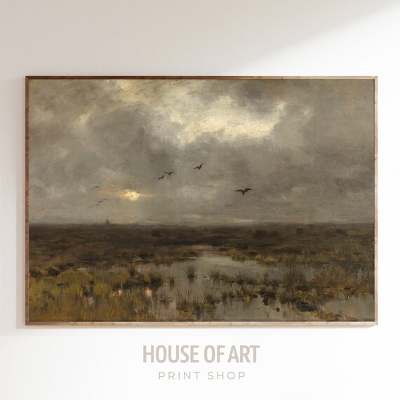 Spooky Landscape Oil Painting The March With Flying Birds Moody Swamp View Gloomy Cloudy Scene Gallery Wall Print Wall Art