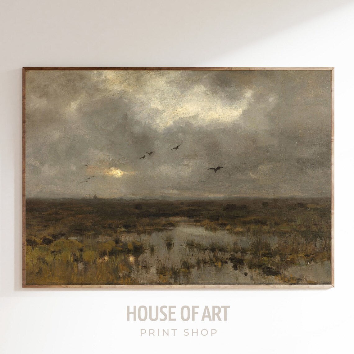 Moody Marsh Landscape Flying Birds Dark Cloudy Sky Vintage Painting Print