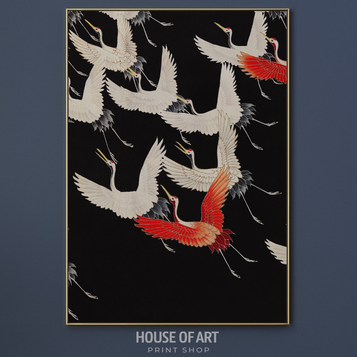 Japanese Cranes Woodblock White Red Birds Black Background Art Poster - Image 2