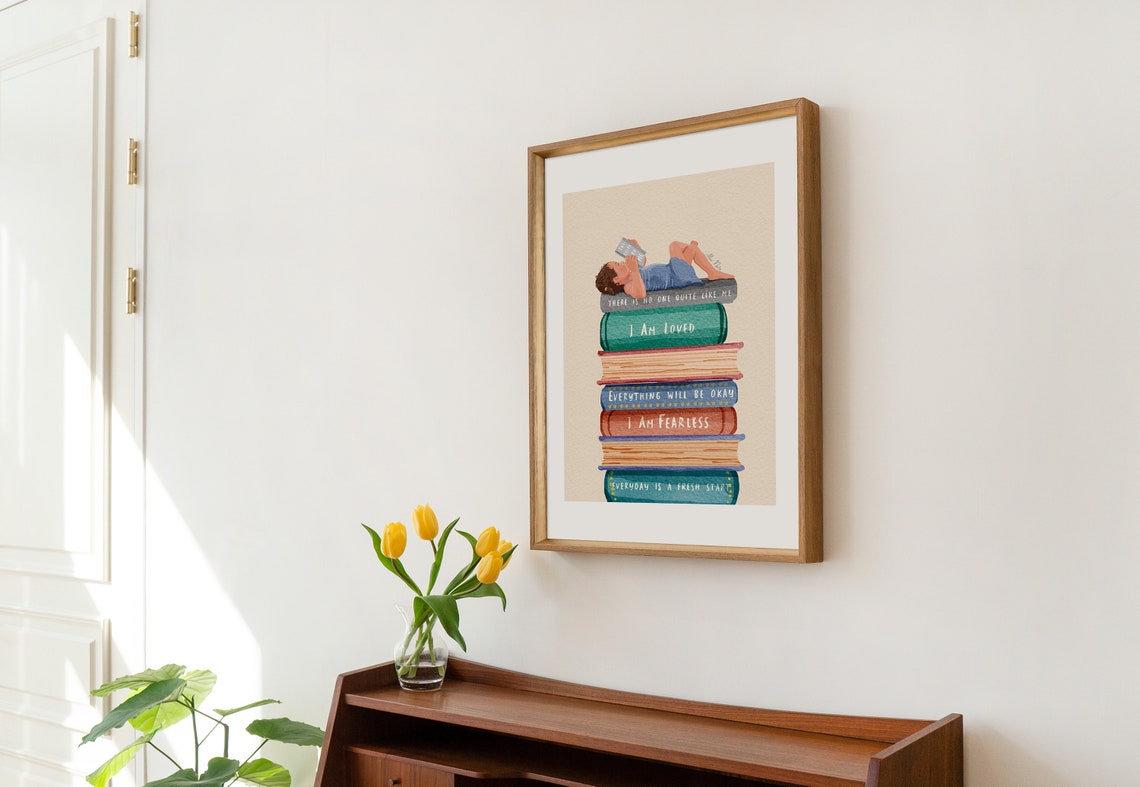 Child Reading on a Stack of Affirmation Books Positive Poster - Image 3