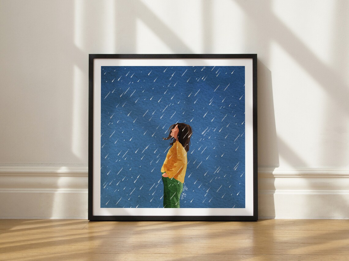 Peaceful Woman Standing in Blue Rain Finding Happiness Art Poster - Image 3